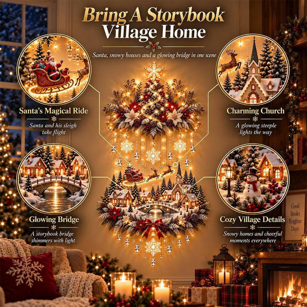 Illuminated Christmas Tree & Village Wall Hanging,Warm Light Holiday Decor