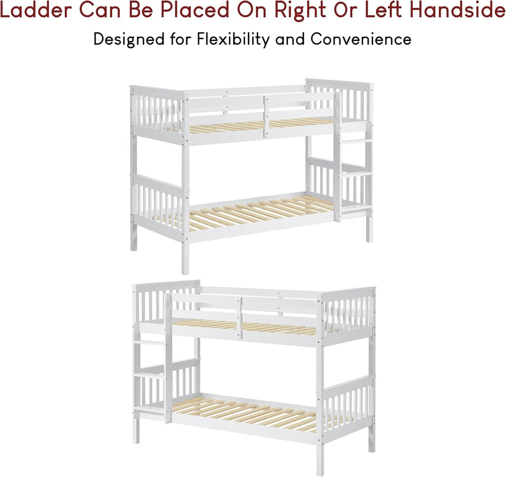 Single Bunk Bed Frame | Solid Pine Wood | Guard Rails & Ladder | Splits into 2 Beds | White & Grey