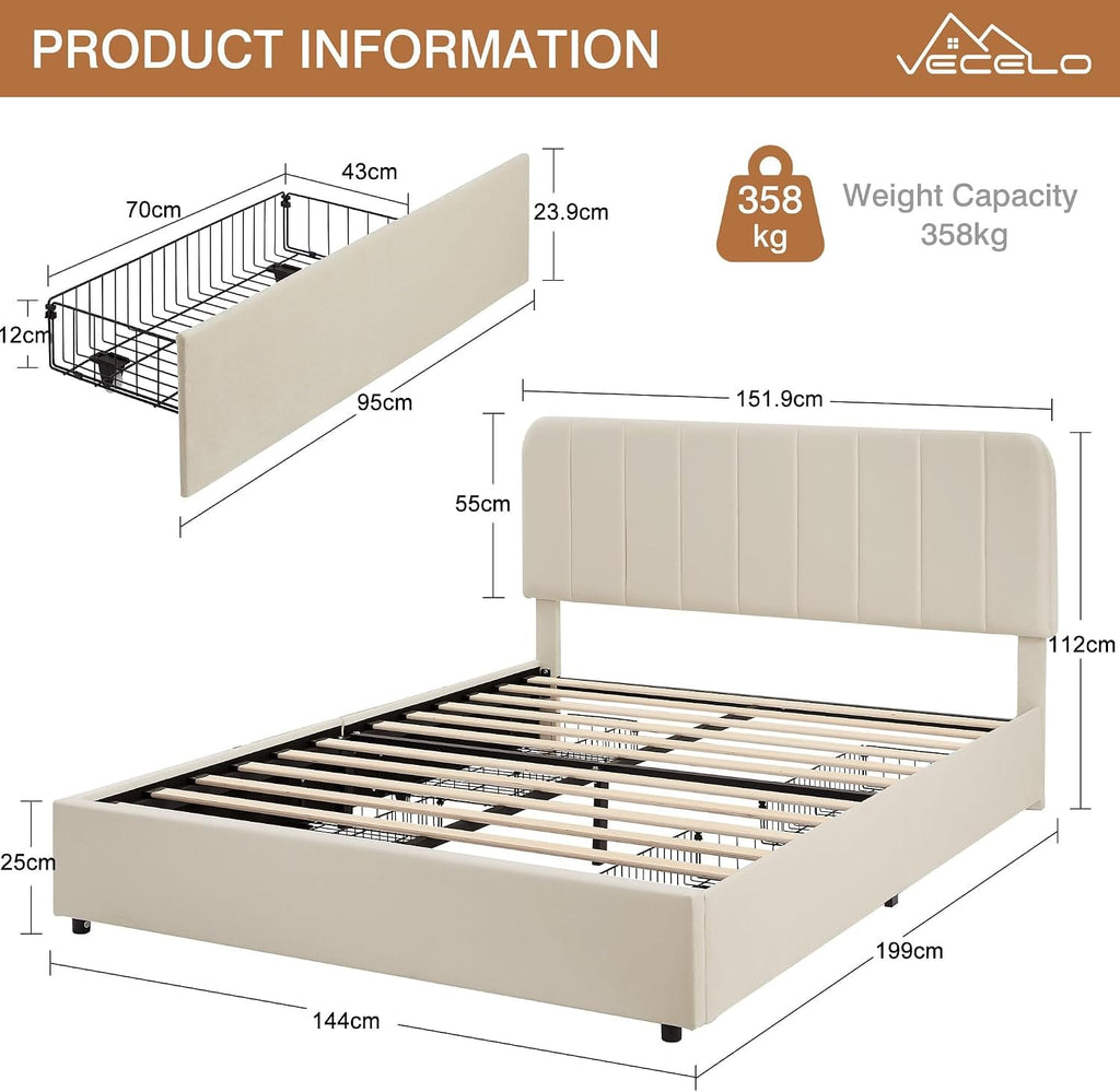 Double Bed Frame with 4 Storage Drawers | Velvet Upholstered Headboard | Wooden Slats | Beige & Grey