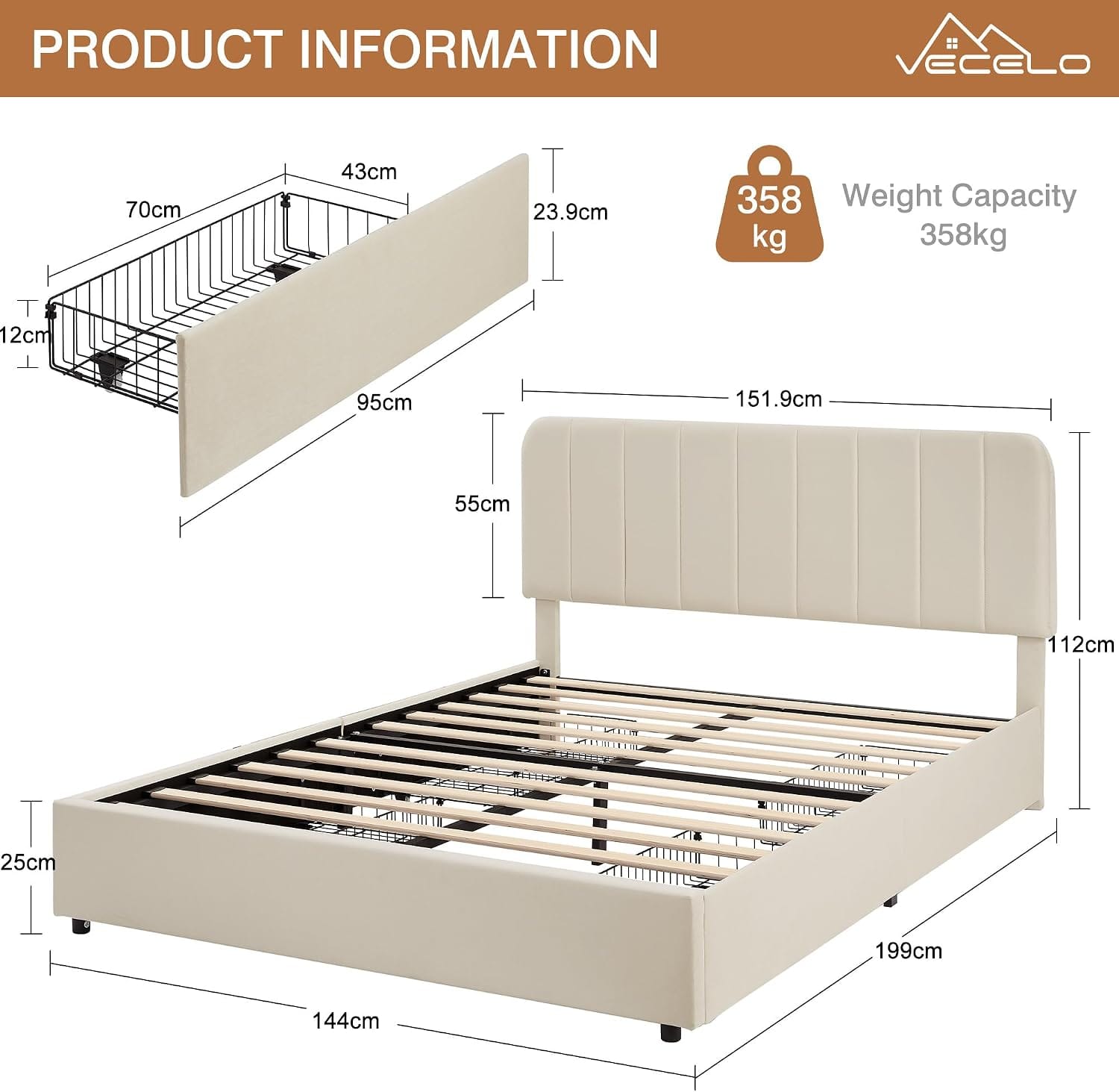 Double Bed Frame with 4 Storage Drawers | Velvet Upholstered Headboard | Wooden Slats | Beige & Grey