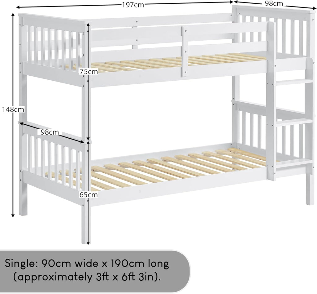 Single Bunk Bed Frame | Solid Pine Wood | Guard Rails & Ladder | Splits into 2 Beds | White & Grey