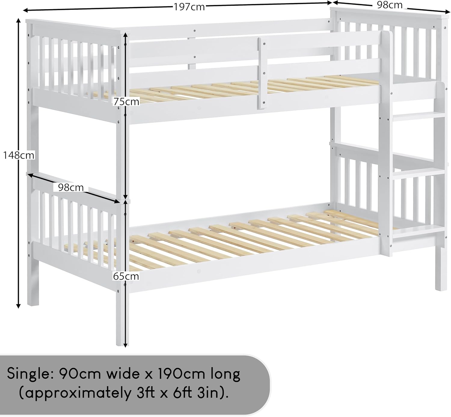 Single Bunk Bed Frame | Solid Pine Wood | Guard Rails & Ladder | Splits into 2 Beds | White & Grey