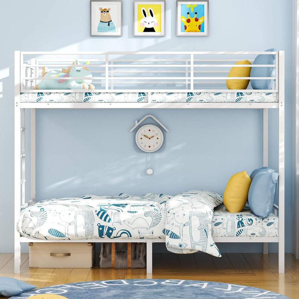Metal Bunk Bed Single over Single | 38cm Full-Length Guardrail | Non-Slip Ladder | Optional Drawer | Black, White & Grey