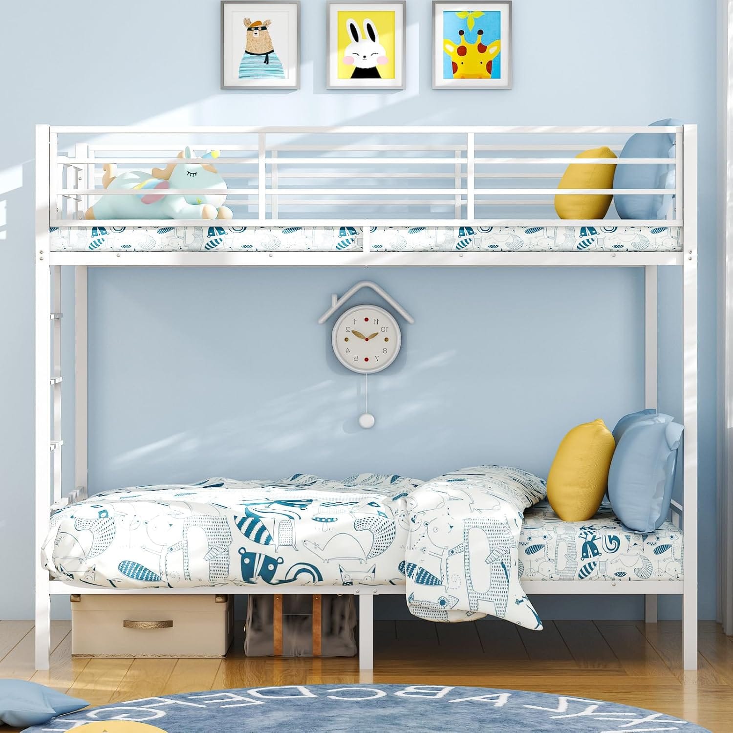 Metal Bunk Bed Single over Single | 38cm Full-Length Guardrail | Non-Slip Ladder | Optional Drawer | Black, White & Grey