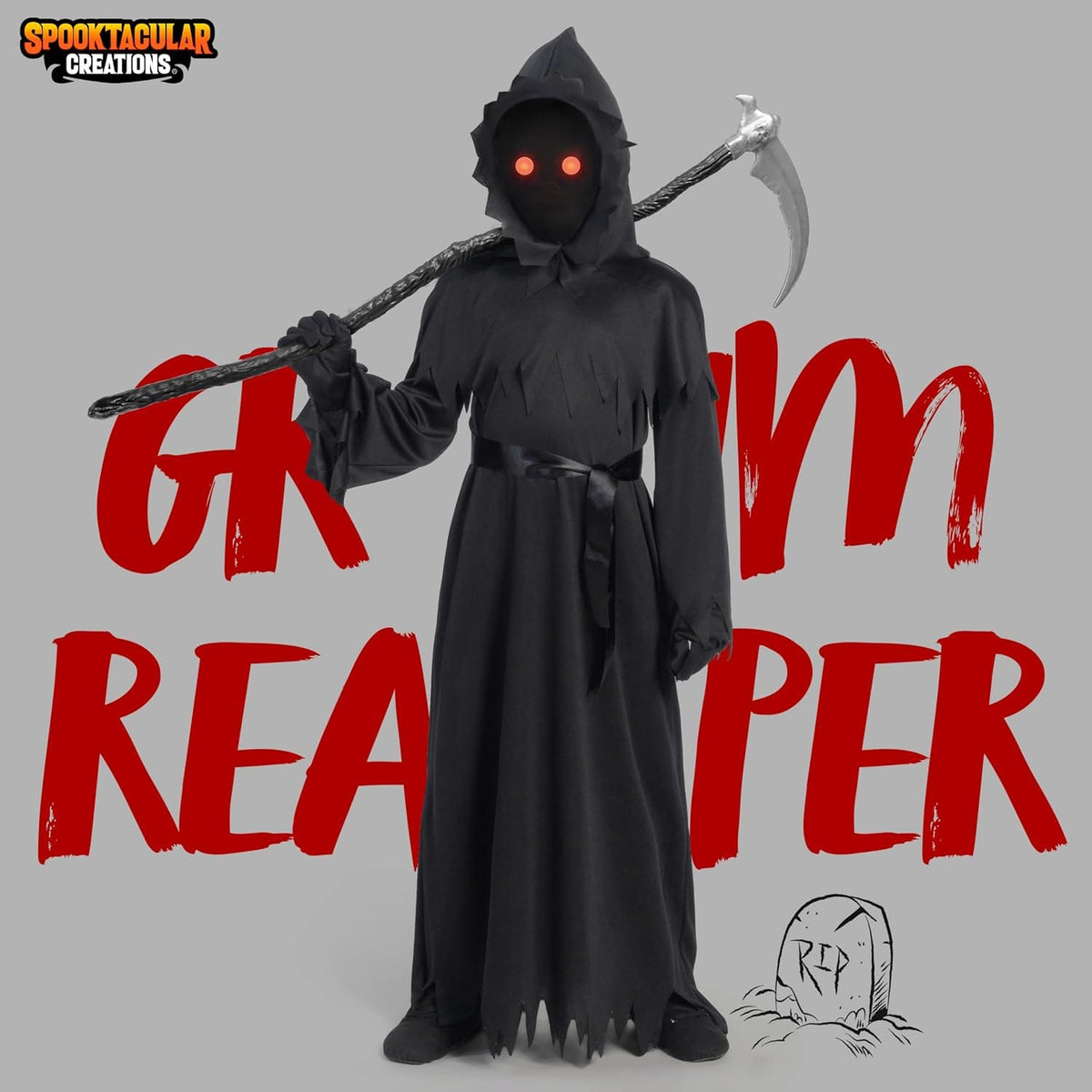 Spooktacular Creations Child Unisex Black Grim Reaper Costume, Creepy Phantom Costume with Gloves Scythe Light-Up Glasses for Boys Halloween Dress up, Role-Playing
