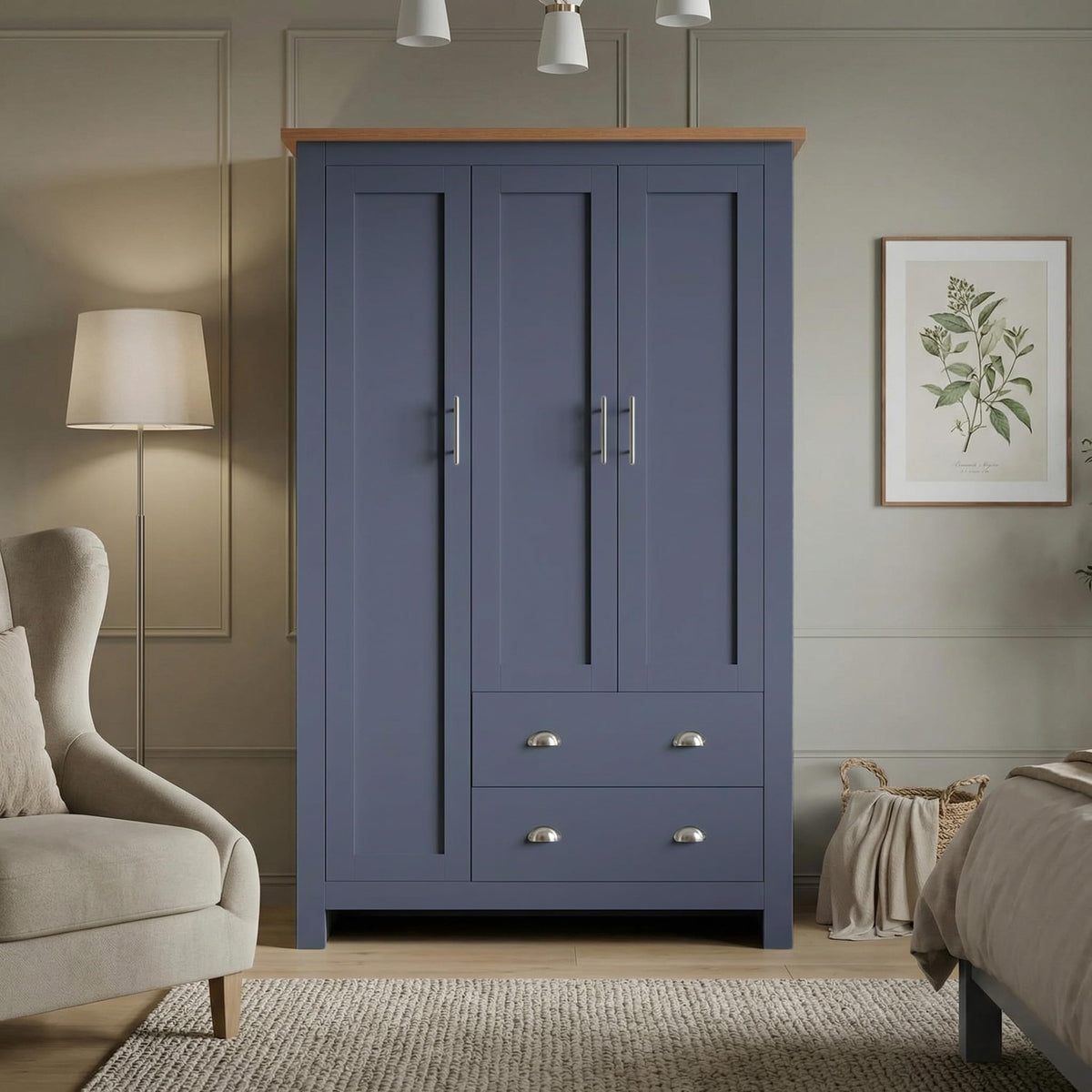 Shano 3 Door Wardrobe with Hanging Rail, 4 Shelves & 2 Drawers | White, Grey & Blue