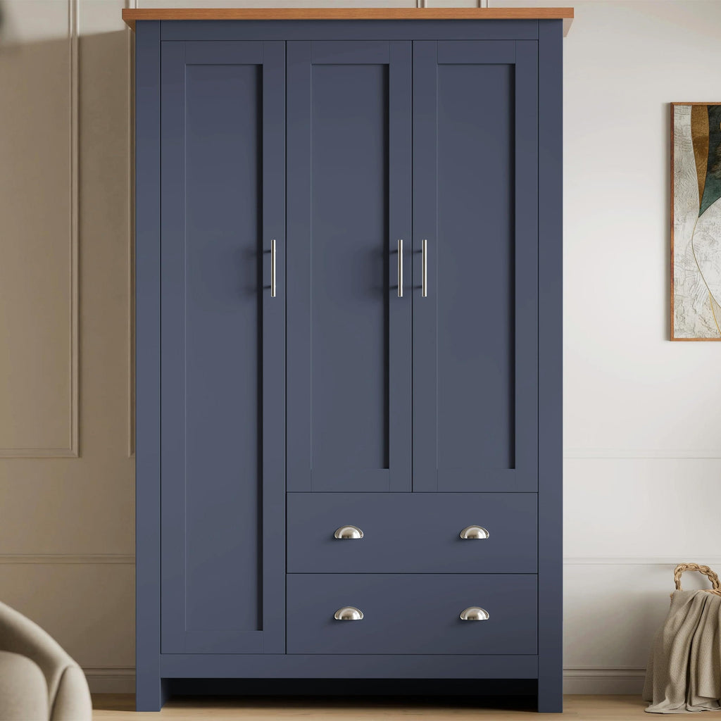 Shano 3 Door Wardrobe with Hanging Rail, 4 Shelves & 2 Drawers | White, Grey & Blue