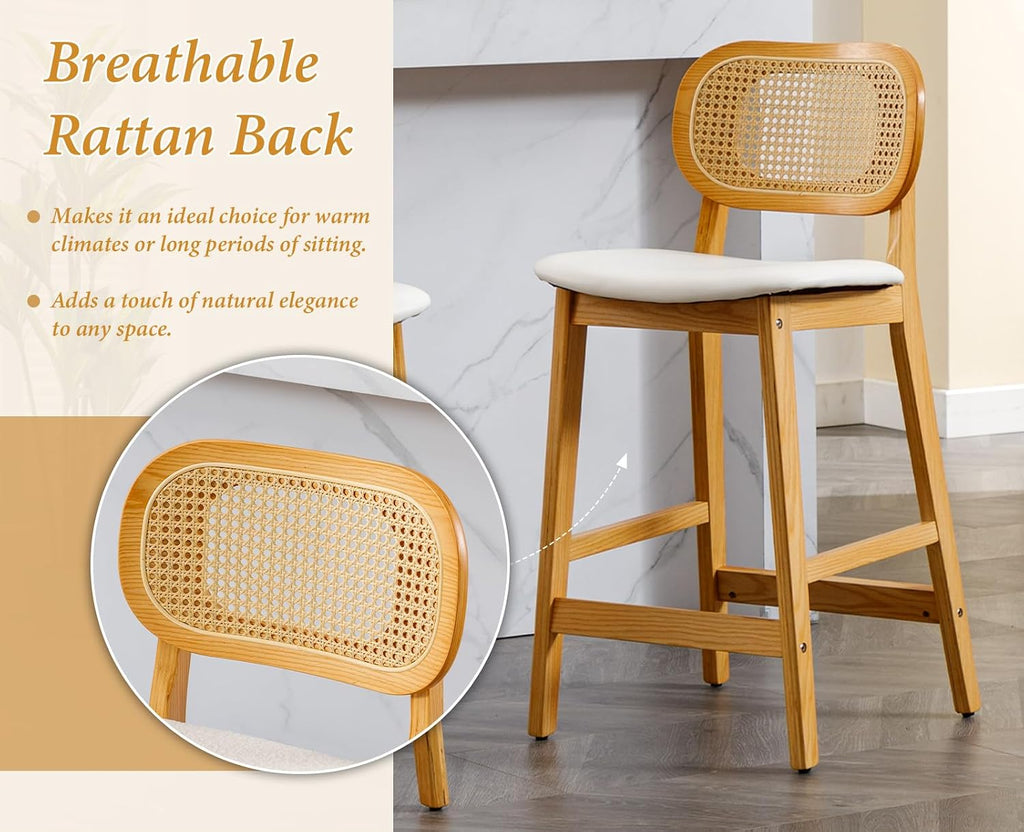Shano Bar Stools Set of 2 | Rattan Backrest | Adjustable Height | PU Cushion | 4 Colours