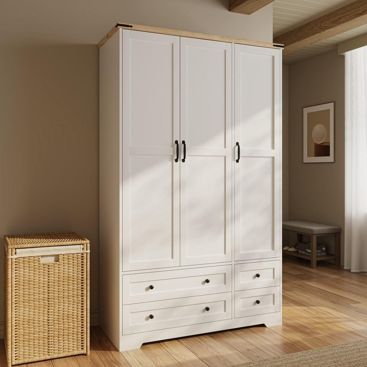 Shano Wardrobe with 3 Doors & 4 Drawers | White, Black, Grey & Oak
