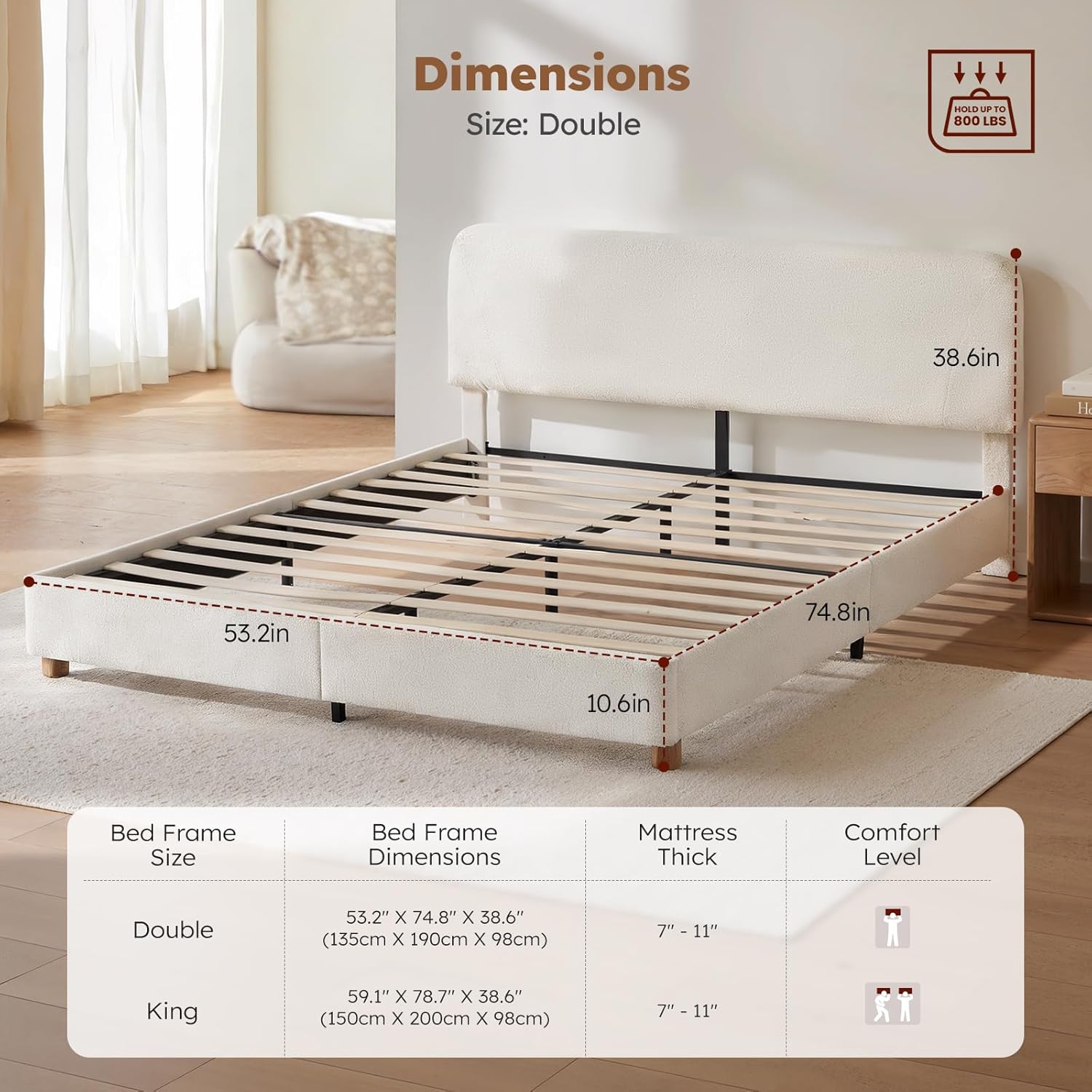 Boucle Cloud Bed Frame | Upholstered Adjustable Headboard | Solid Wood Legs | Double & King