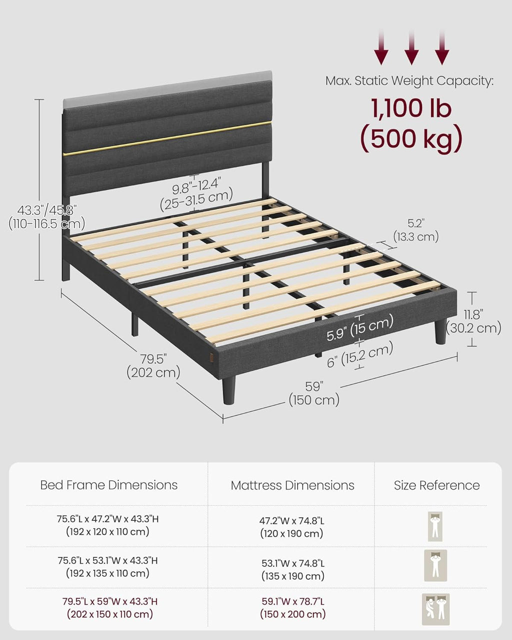 Upholstered Bed Frame | Adjustable Headboard | Metal Frame & Wooden Slats | Double & King