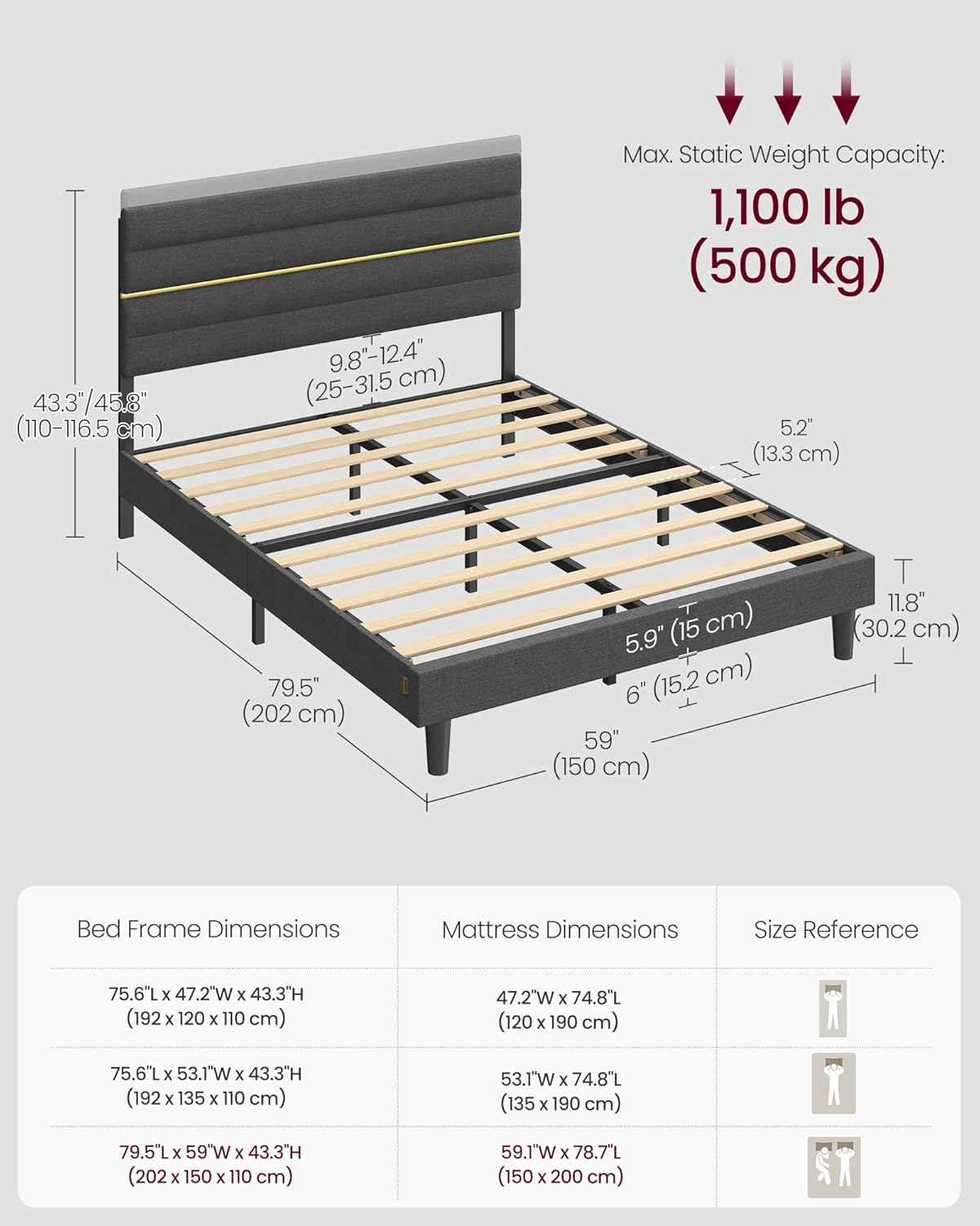 Upholstered Bed Frame | Adjustable Headboard | Metal Frame & Wooden Slats | Double & King