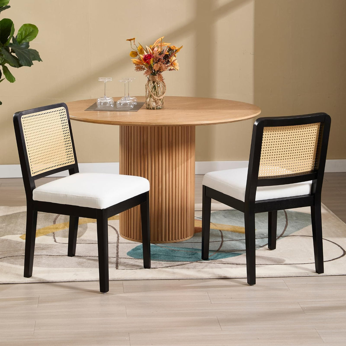 Rattan Backrest Dining Chairs | Linen Cushion | Wood Frame | Set of 2 or 4