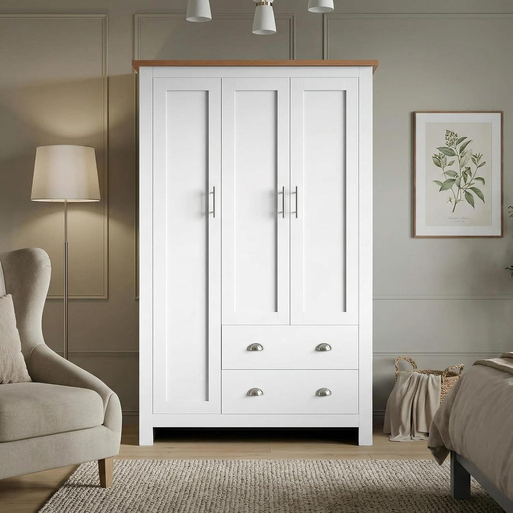 Shano 3 Door Wardrobe with Hanging Rail, 4 Shelves & 2 Drawers | White, Grey & Blue