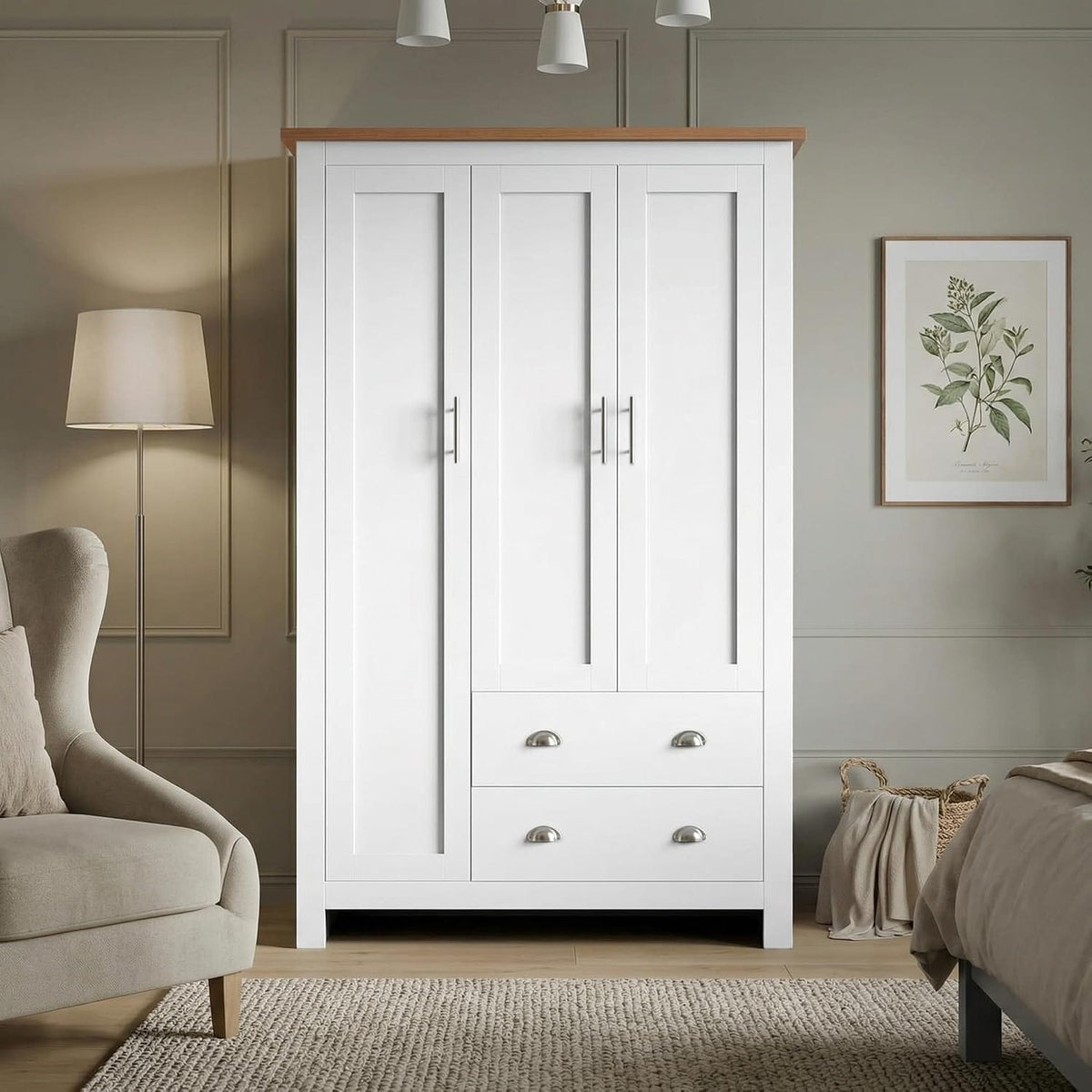 Shano 3 Door Wardrobe with Hanging Rail, 4 Shelves & 2 Drawers | White, Grey & Blue