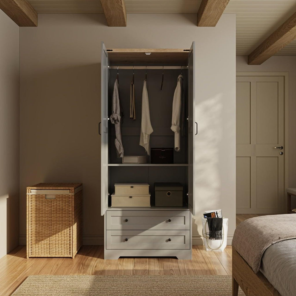 Shano Wardrobe with 3 Doors & 4 Drawers | White, Black, Grey & Oak