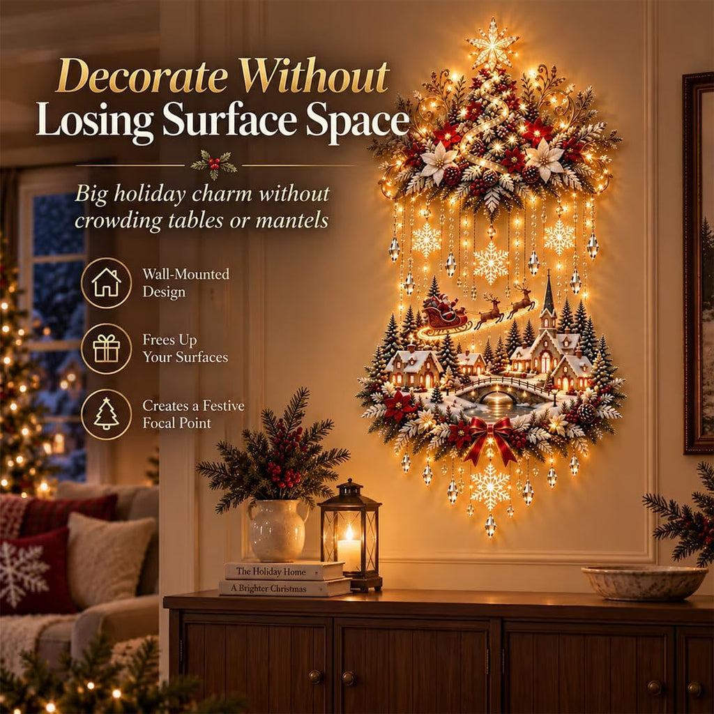 Illuminated Christmas Tree & Village Wall Hanging,Warm Light Holiday Decor
