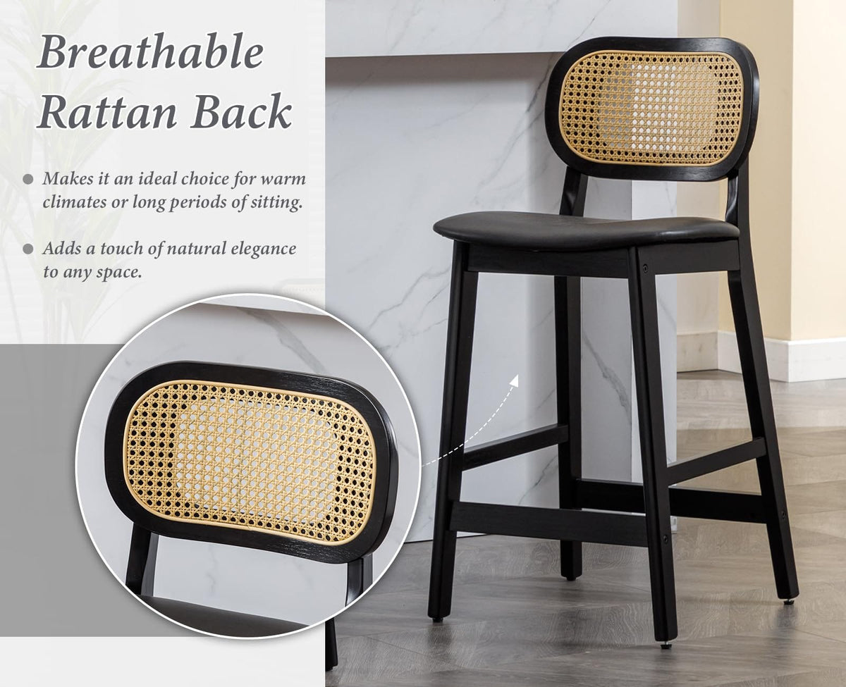 Shano Bar Stools Set of 2 | Rattan Backrest | Adjustable Height | PU Cushion | 4 Colours