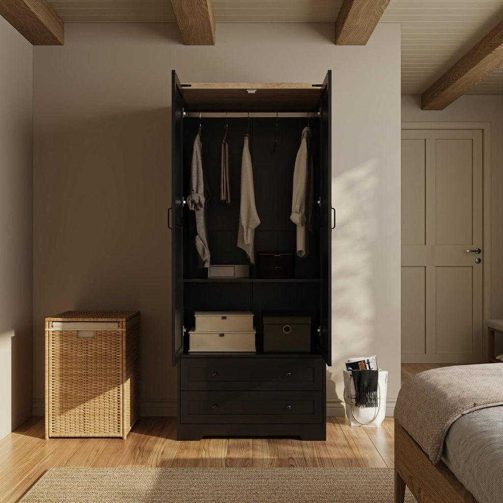 Shano Wardrobe with 3 Doors & 4 Drawers | White, Black, Grey & Oak