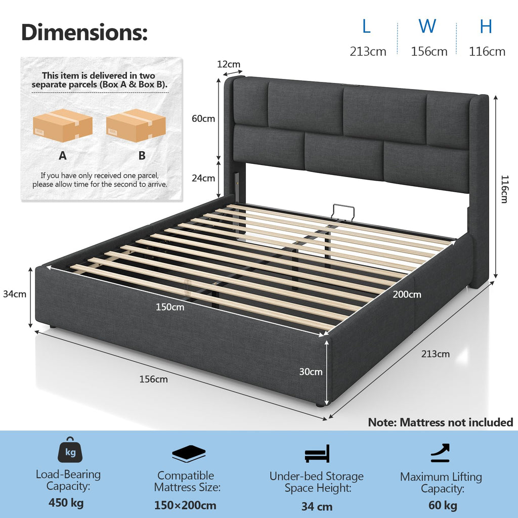 Ottoman Single Bed Frame with Hydraulic Storage, Charging Station & Adjustable Headboard | Grey | 3ft (90x190cm)