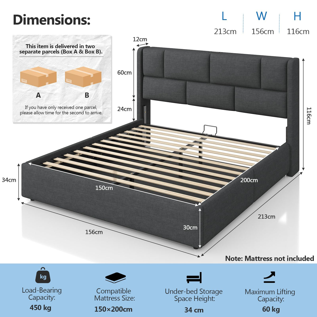 Ottoman Single Bed Frame with Hydraulic Storage, Charging Station & Adjustable Headboard | Grey | 3ft (90x190cm)
