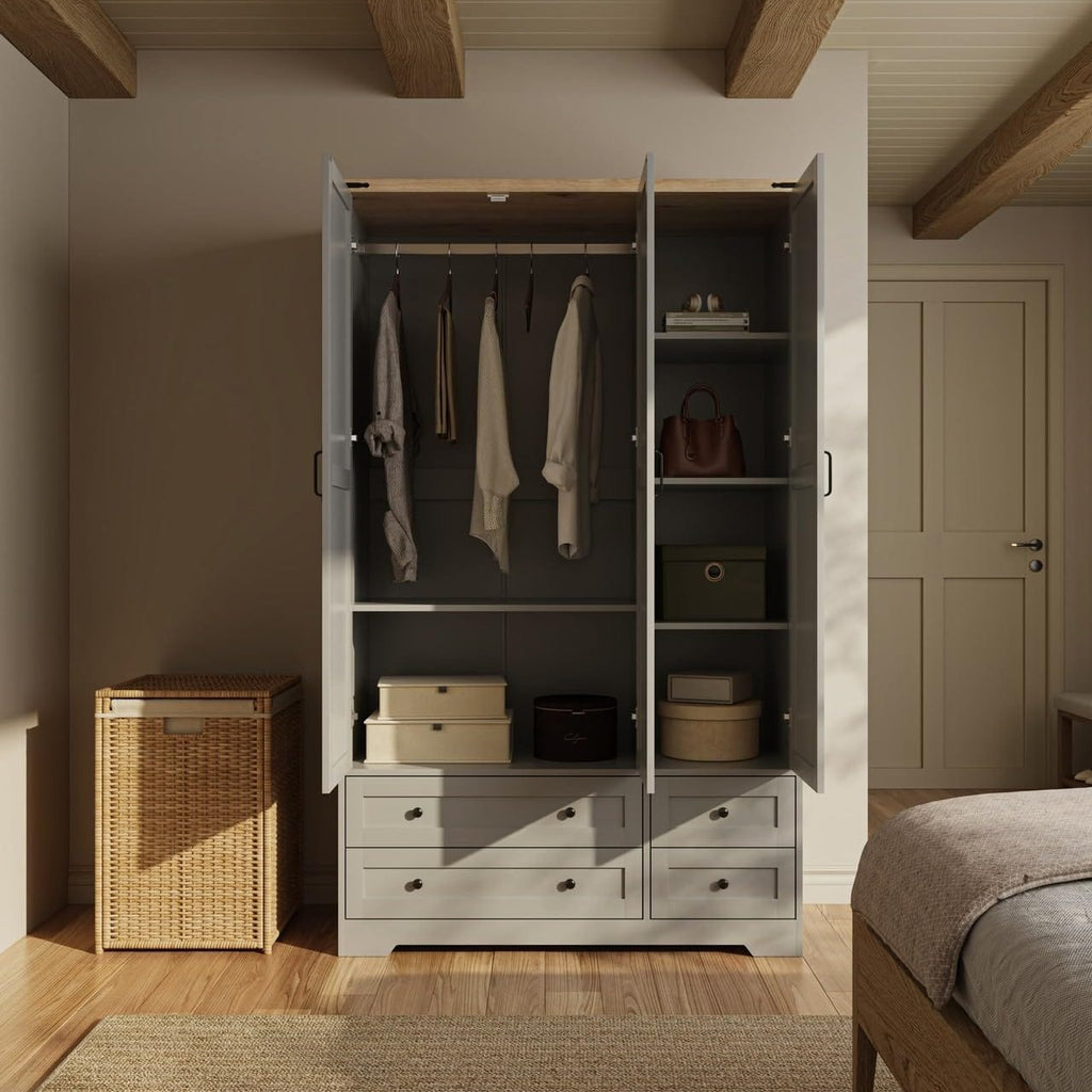 Shano Wardrobe with 3 Doors & 4 Drawers | White, Black, Grey & Oak