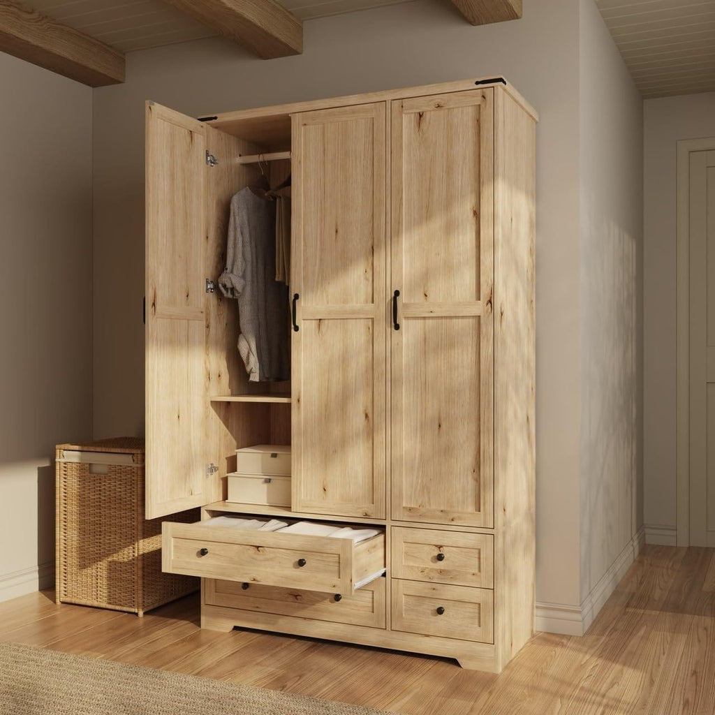 Shano Wardrobe with 3 Doors & 4 Drawers | White, Black, Grey & Oak