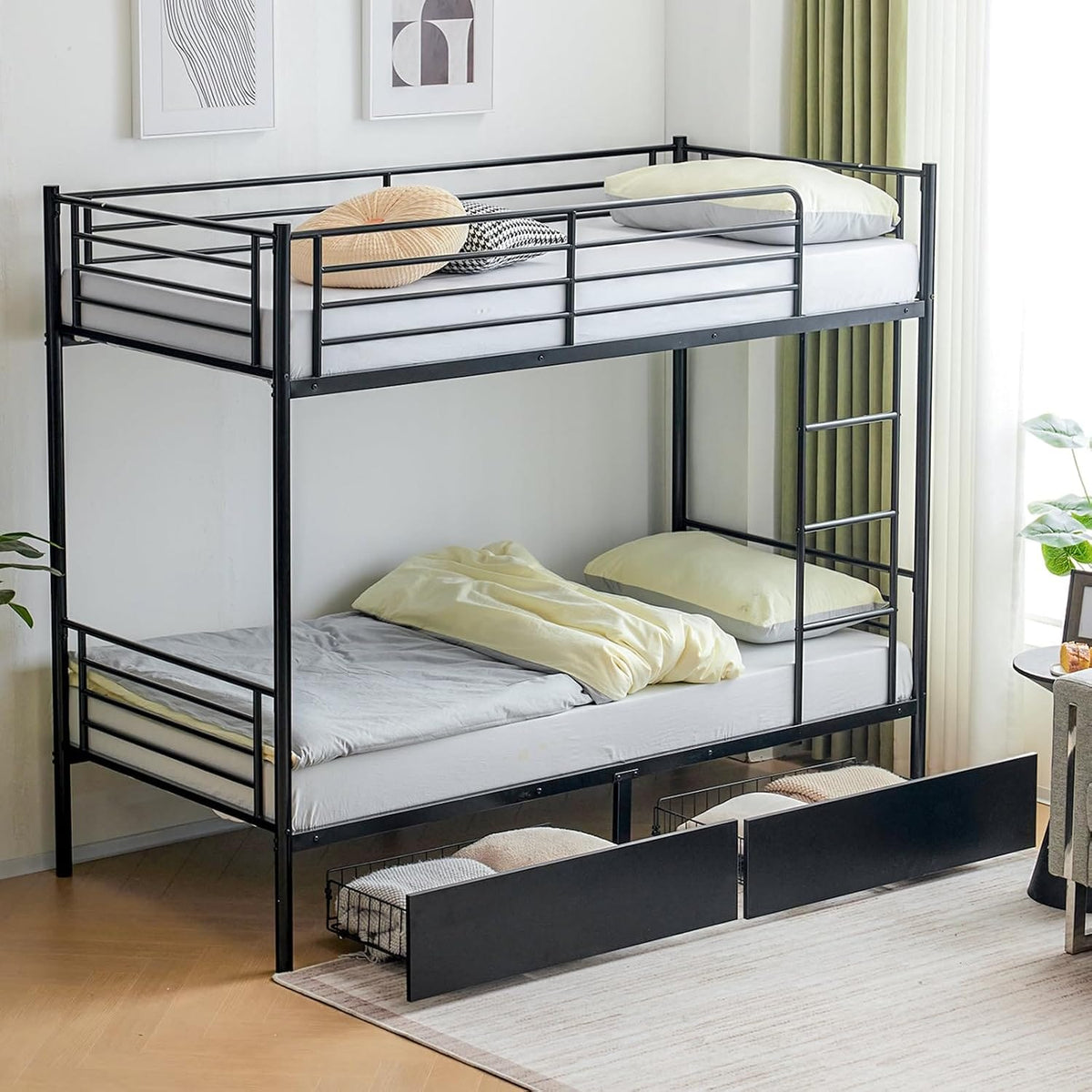 Heavy Duty Metal Bunk Bed Frame with 2 Storage Drawers