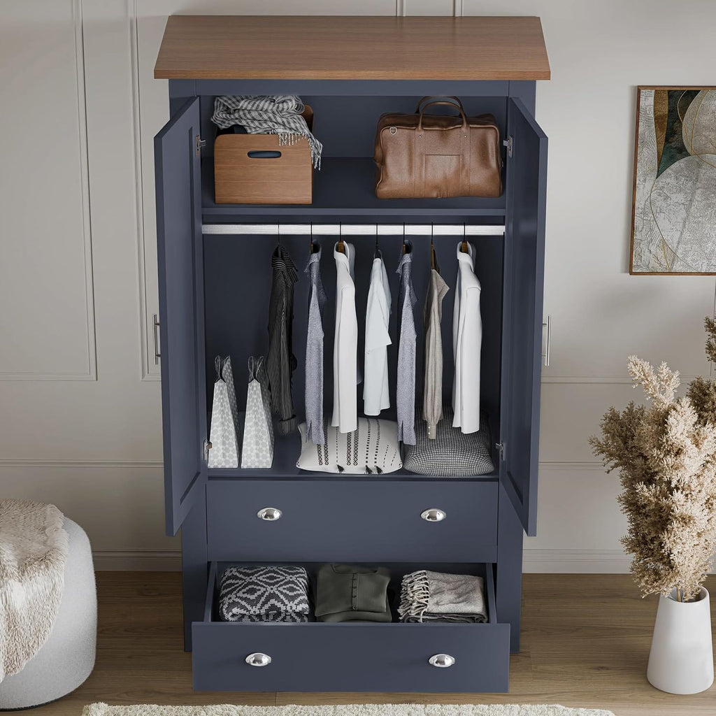 Shano 3 Door Wardrobe with Hanging Rail, 4 Shelves & 2 Drawers | White, Grey & Blue