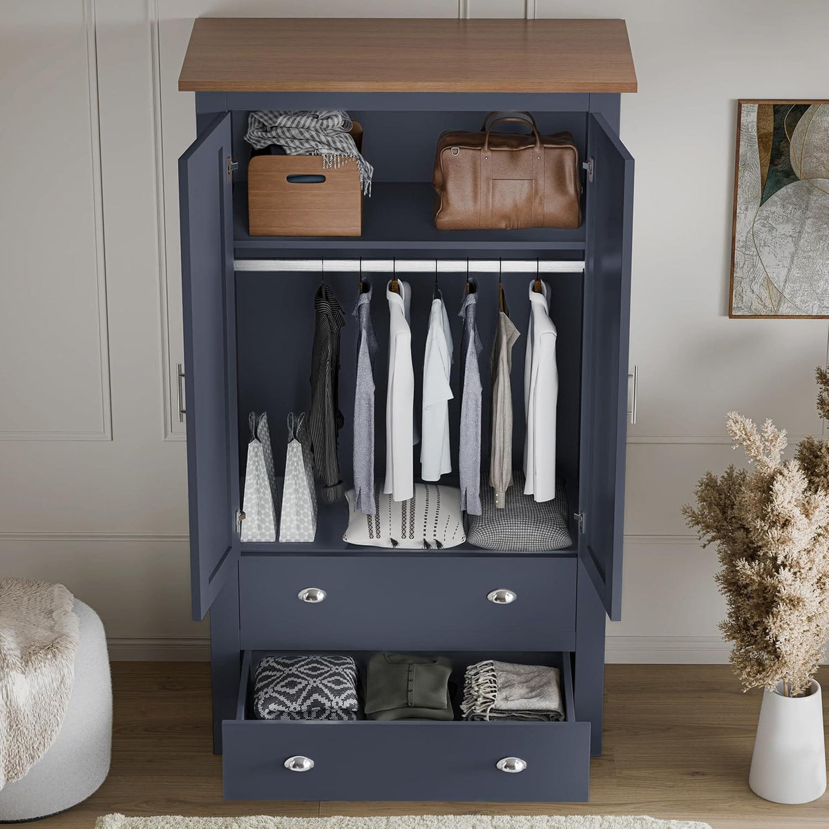 Shano 3 Door Wardrobe with Hanging Rail, 4 Shelves & 2 Drawers | White, Grey & Blue