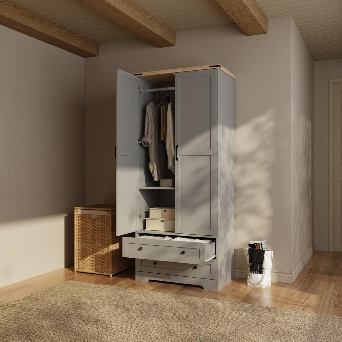 Shano Wardrobe with 3 Doors & 4 Drawers | White, Black, Grey & Oak