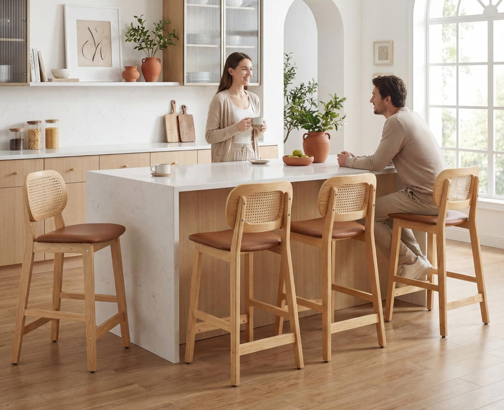 Shano Bar Stools Set of 2 | Rattan Backrest | Adjustable Height | PU Cushion | 4 Colours