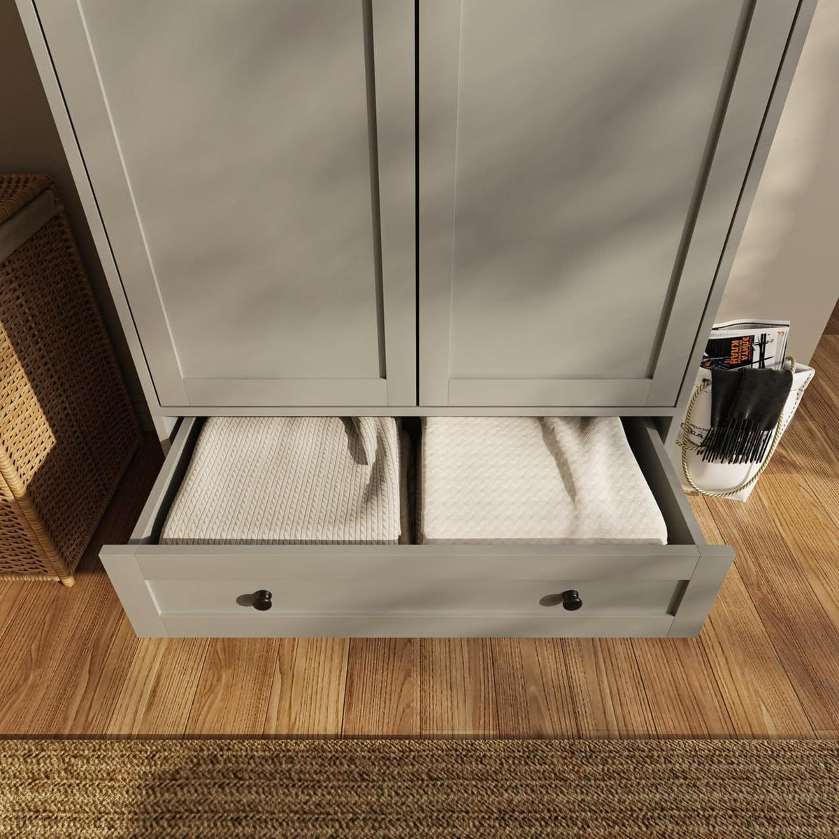 Shano Wardrobe with 3 Doors & 4 Drawers | White, Black, Grey & Oak