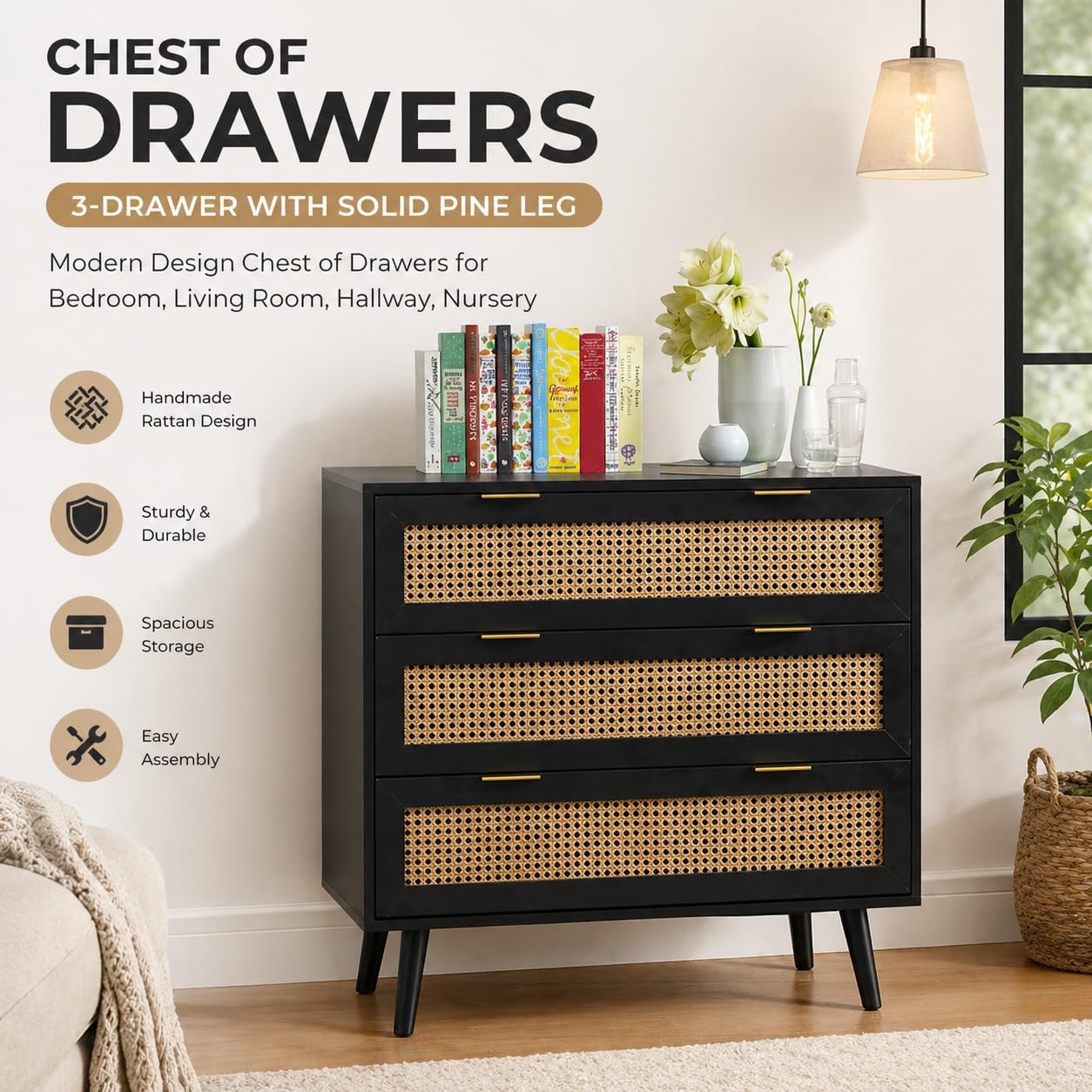 Black Rattan Chest of 3 Drawers | Real Rattan Fronts | Solid Pine Legs | Golden Handles | Bedroom & Living Room