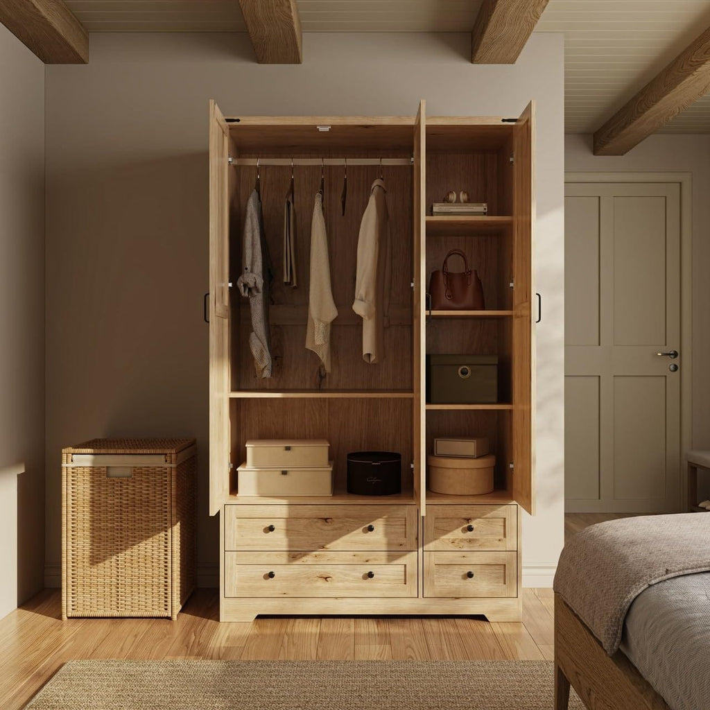 Shano Wardrobe with 3 Doors & 4 Drawers | White, Black, Grey & Oak