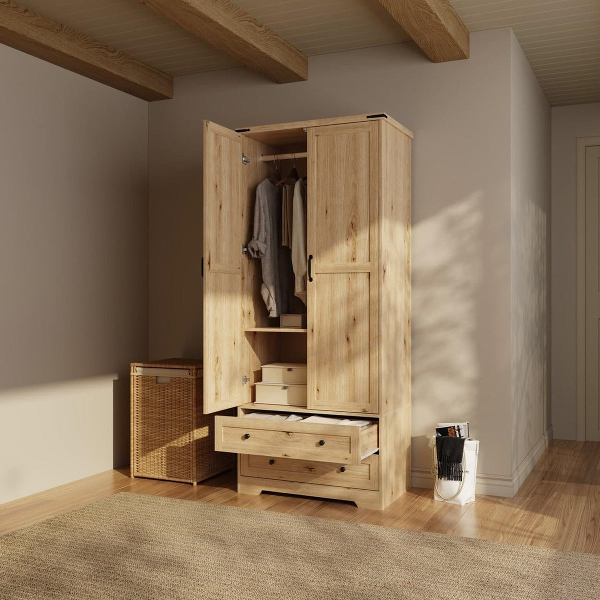 Shano Wardrobe with 3 Doors & 4 Drawers | White, Black, Grey & Oak