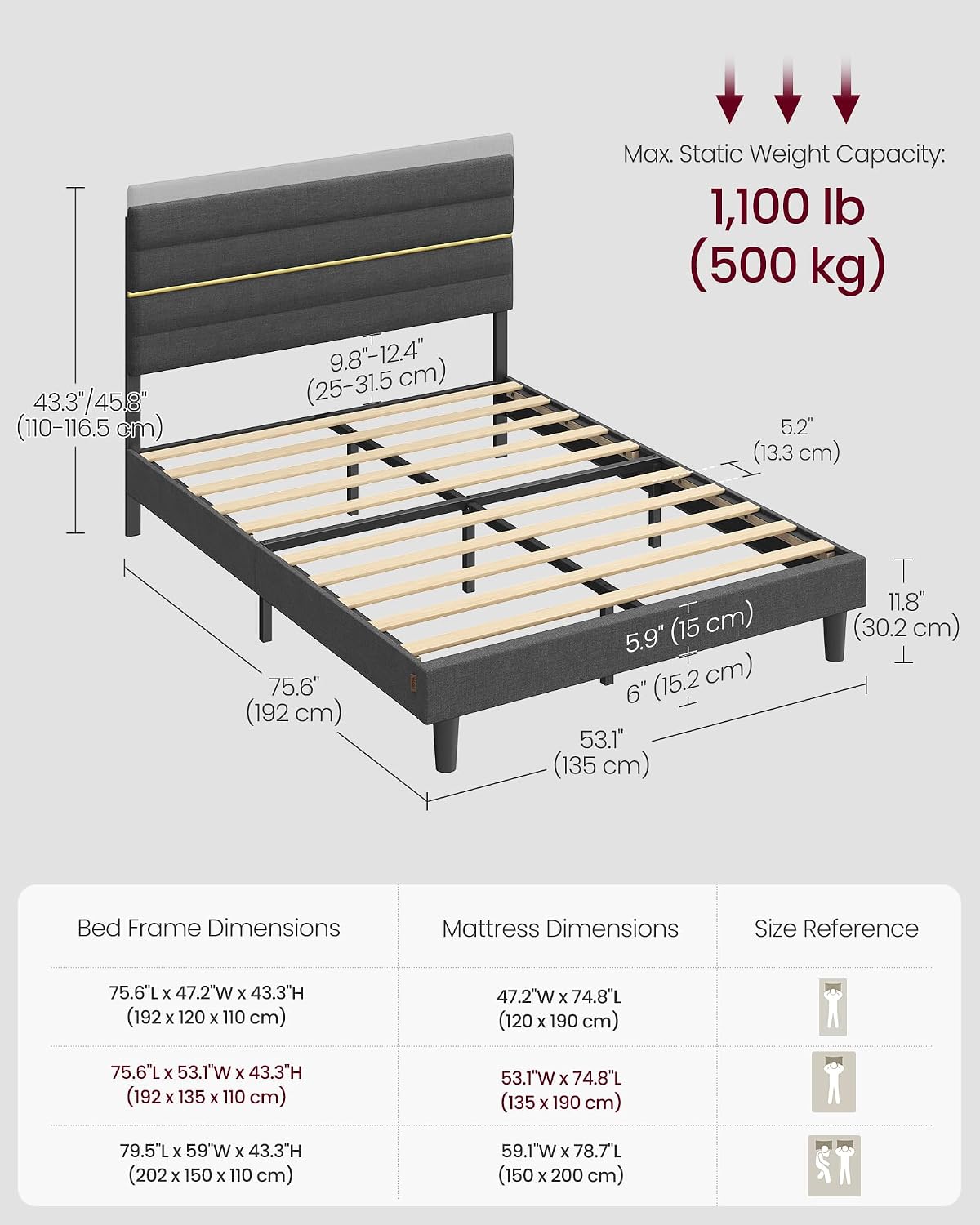 Upholstered Bed Frame | Adjustable Headboard | Metal Frame & Wooden Slats | Double & King