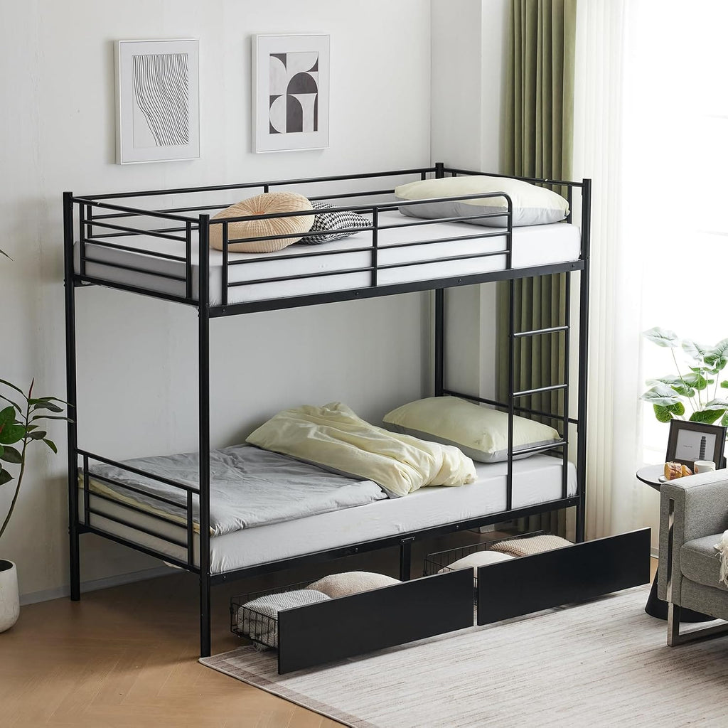 Heavy Duty Metal Bunk Bed Single over Single | Full-Length Guardrails | Optional Storage Drawers | Black & White