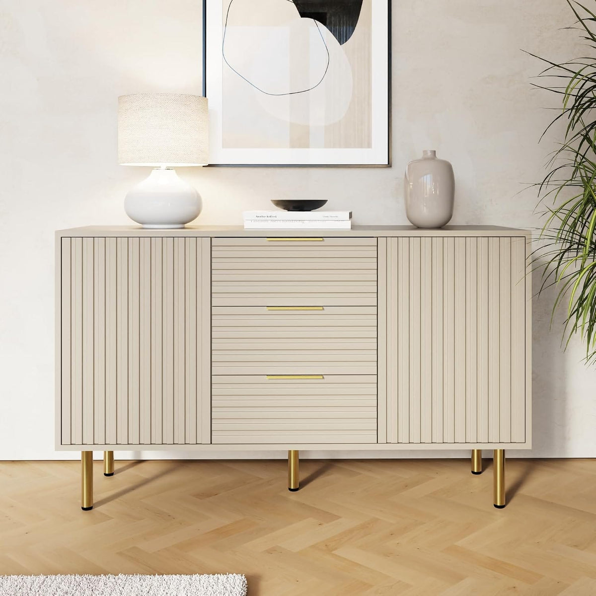 Art Deco Sideboard with 3 Drawers & 2 Doors | Wood Grain Finish | Brushed Metal Handles | Oak, Ivory & Black