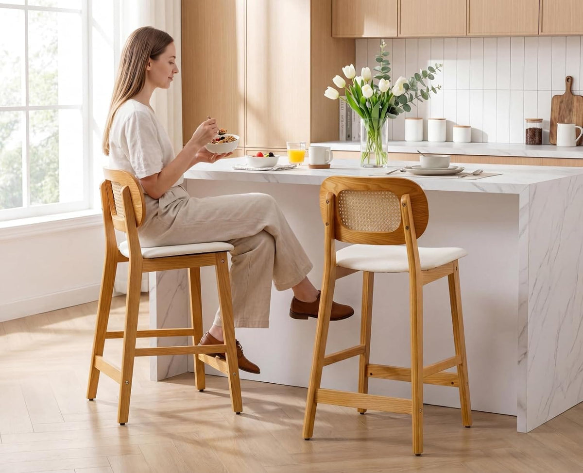 Shano Bar Stools Set of 2 | Rattan Backrest | Adjustable Height | PU Cushion | 4 Colours