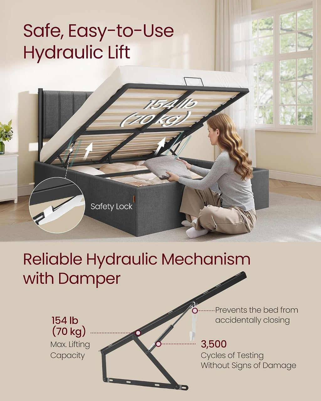 Ottoman Bed Frame with Lift-Up Storage | Hydraulic Lift | Upholstered Headboard | Double & Small Double
