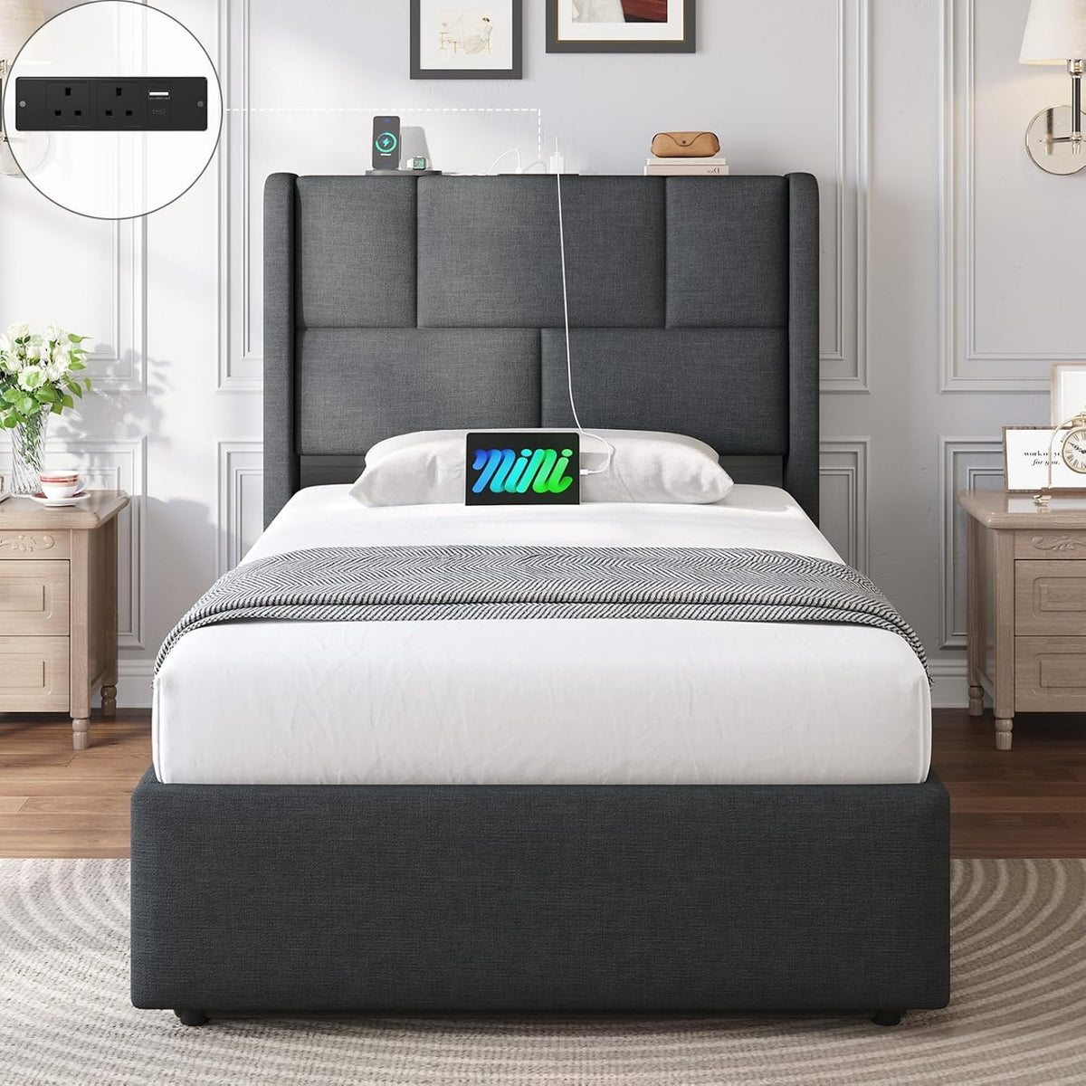 Ottoman Single Bed Frame with Hydraulic Storage, Charging Station & Adjustable Headboard | Grey | 3ft (90x190cm)
