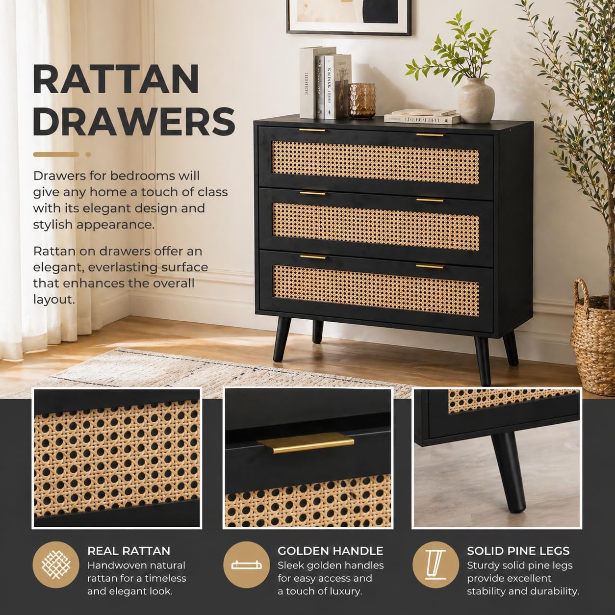 Black Rattan Chest of 3 Drawers | Real Rattan Fronts | Solid Pine Legs | Golden Handles | Bedroom & Living Room