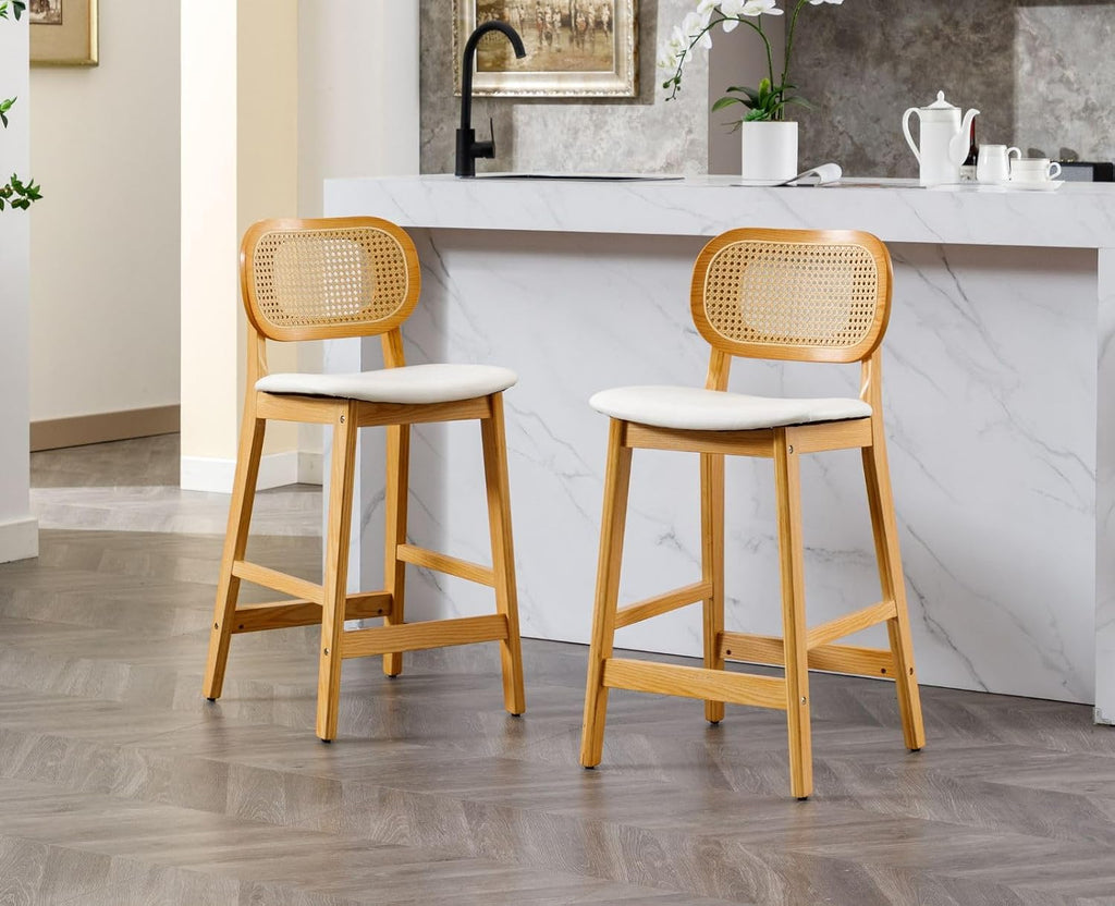 Shano Bar Stools Set of 2 | Rattan Backrest | Adjustable Height | PU Cushion | 4 Colours