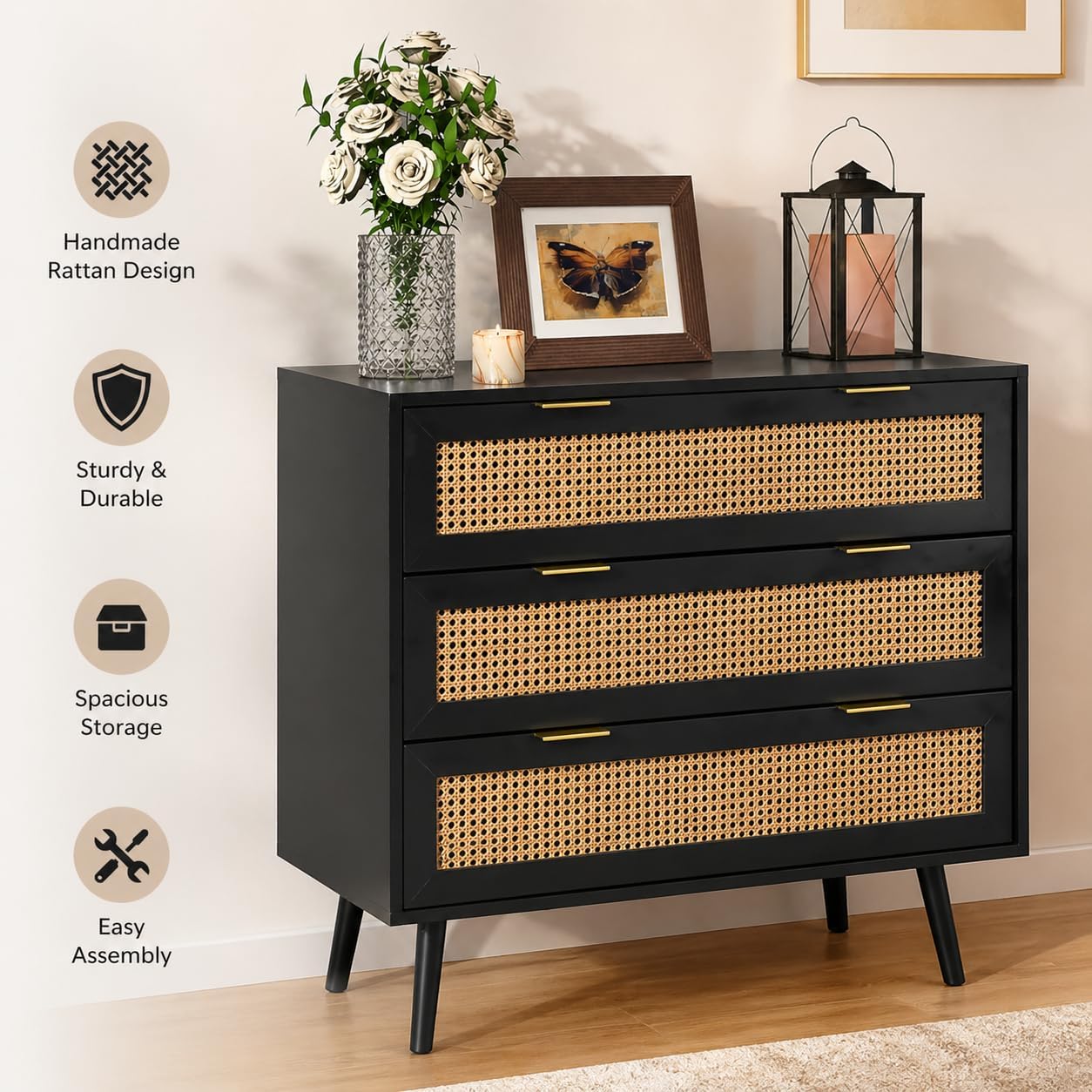 Black Rattan Chest of 3 Drawers | Real Rattan Fronts | Solid Pine Legs | Golden Handles | Bedroom & Living Room