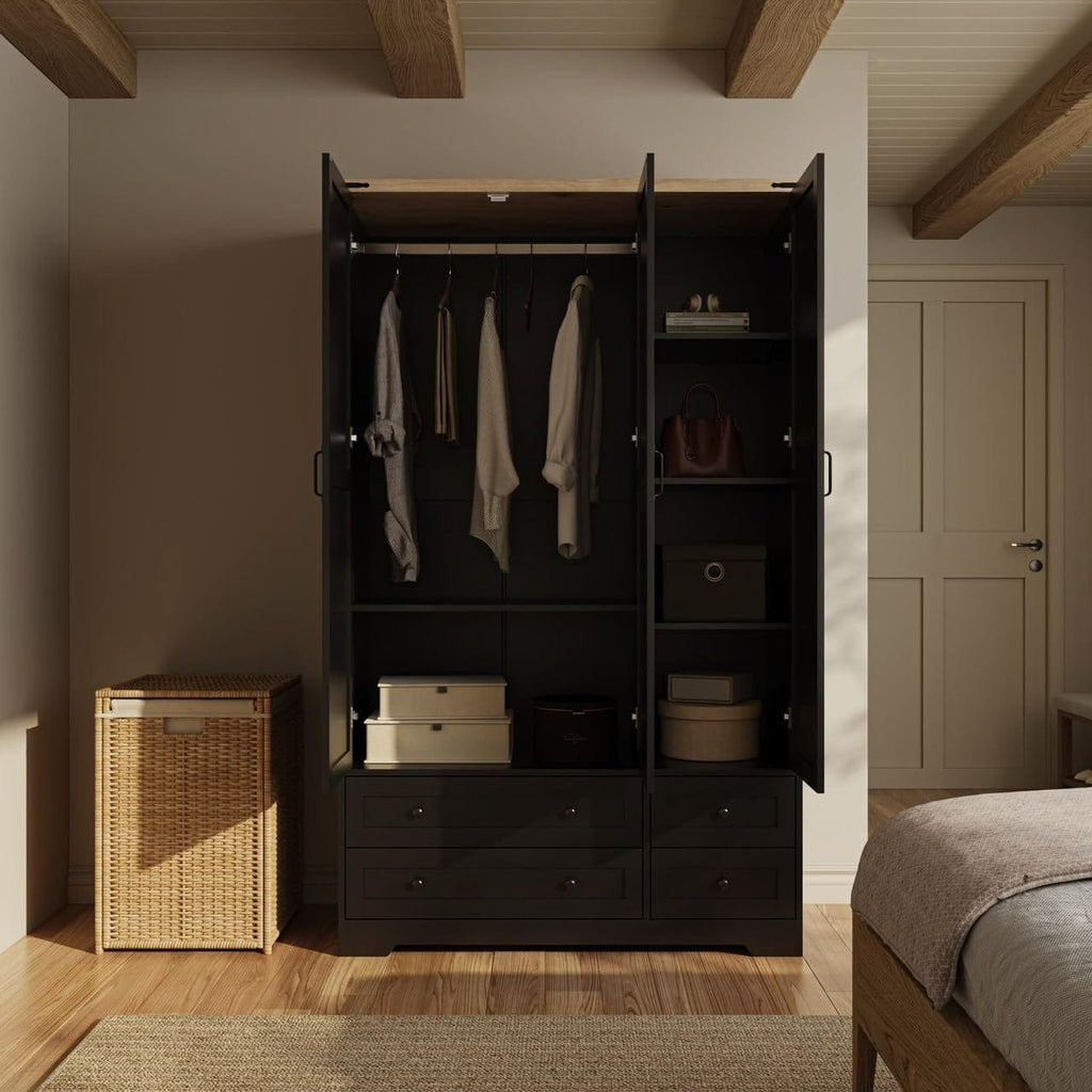 Shano Wardrobe with 3 Doors & 4 Drawers | White, Black, Grey & Oak