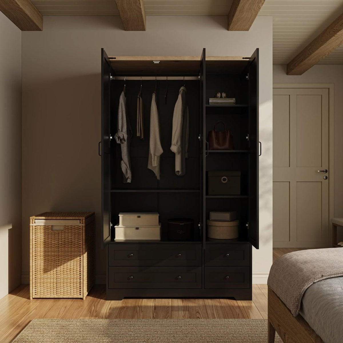 Shano Wardrobe with 3 Doors & 4 Drawers | White, Black, Grey & Oak