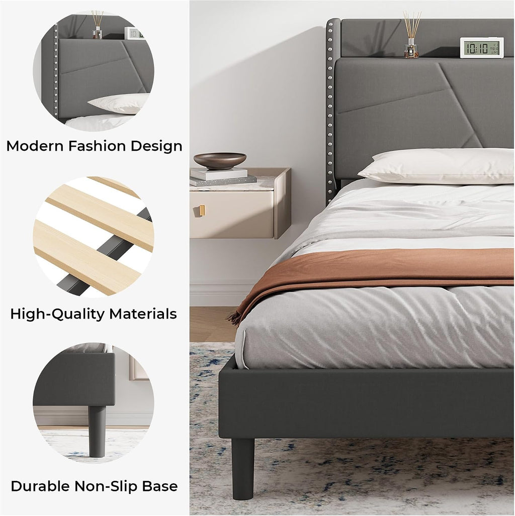 Upholstered Bed Frame with Built-In Charging Station | Linen Headboard | Storage | Single, Double & King