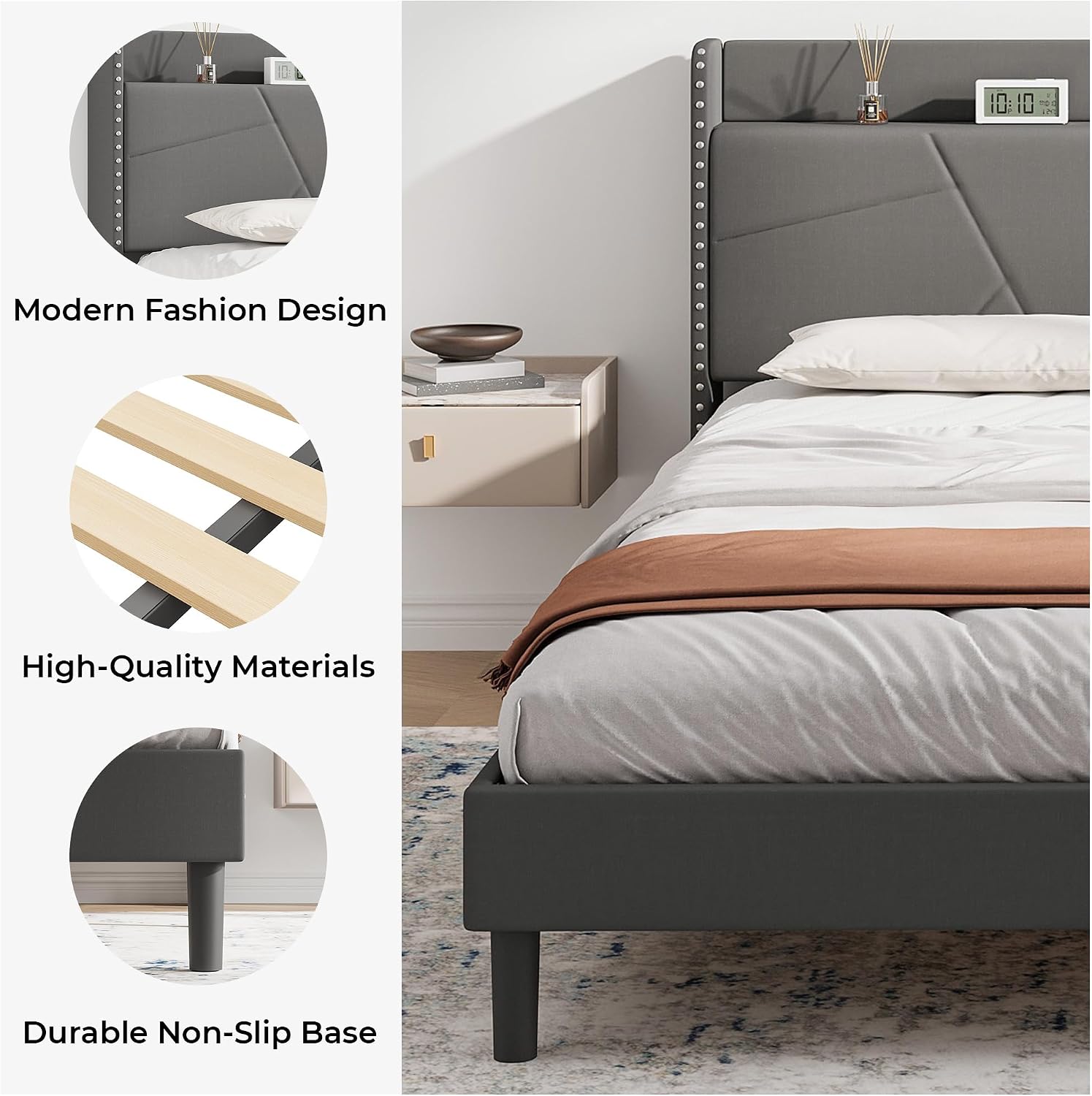 Upholstered Bed Frame with Built-In Charging Station | Linen Headboard | Storage | Single, Double & King