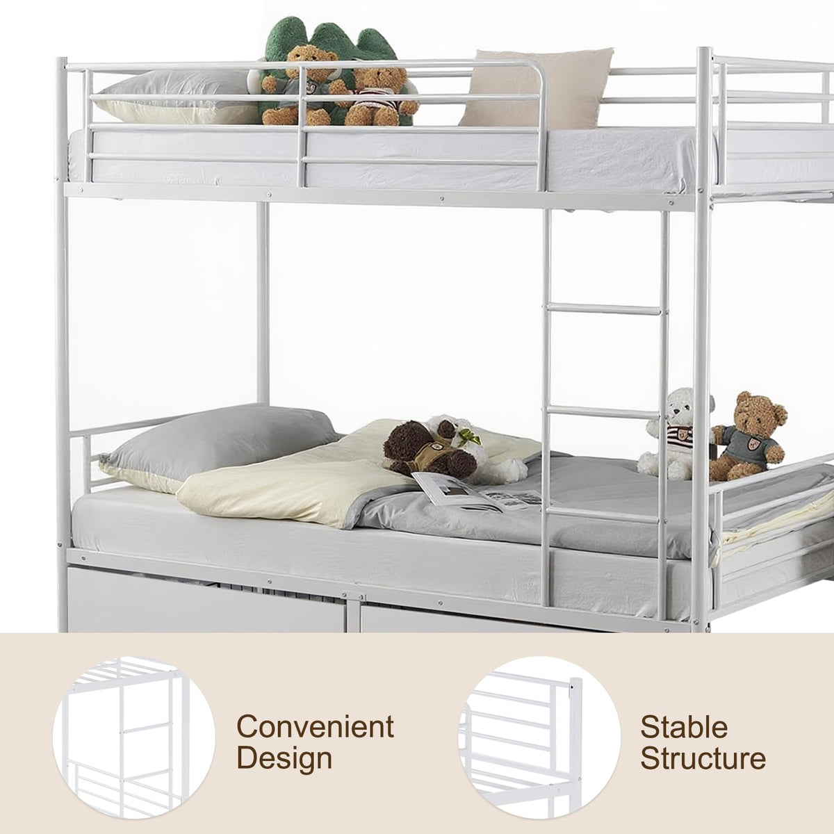 Heavy Duty Metal Bunk Bed Frame with 2 Storage Drawers